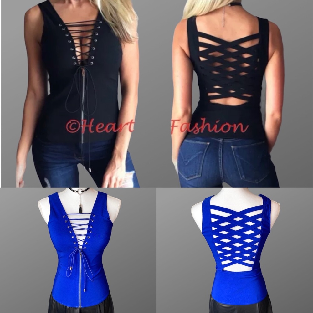 Sexy Lace Up Caged Back Zip Front Sleeveless Top